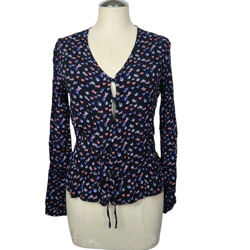 Rails Butterfly Print Button Down Front Ties Long Sleeve Blouse S